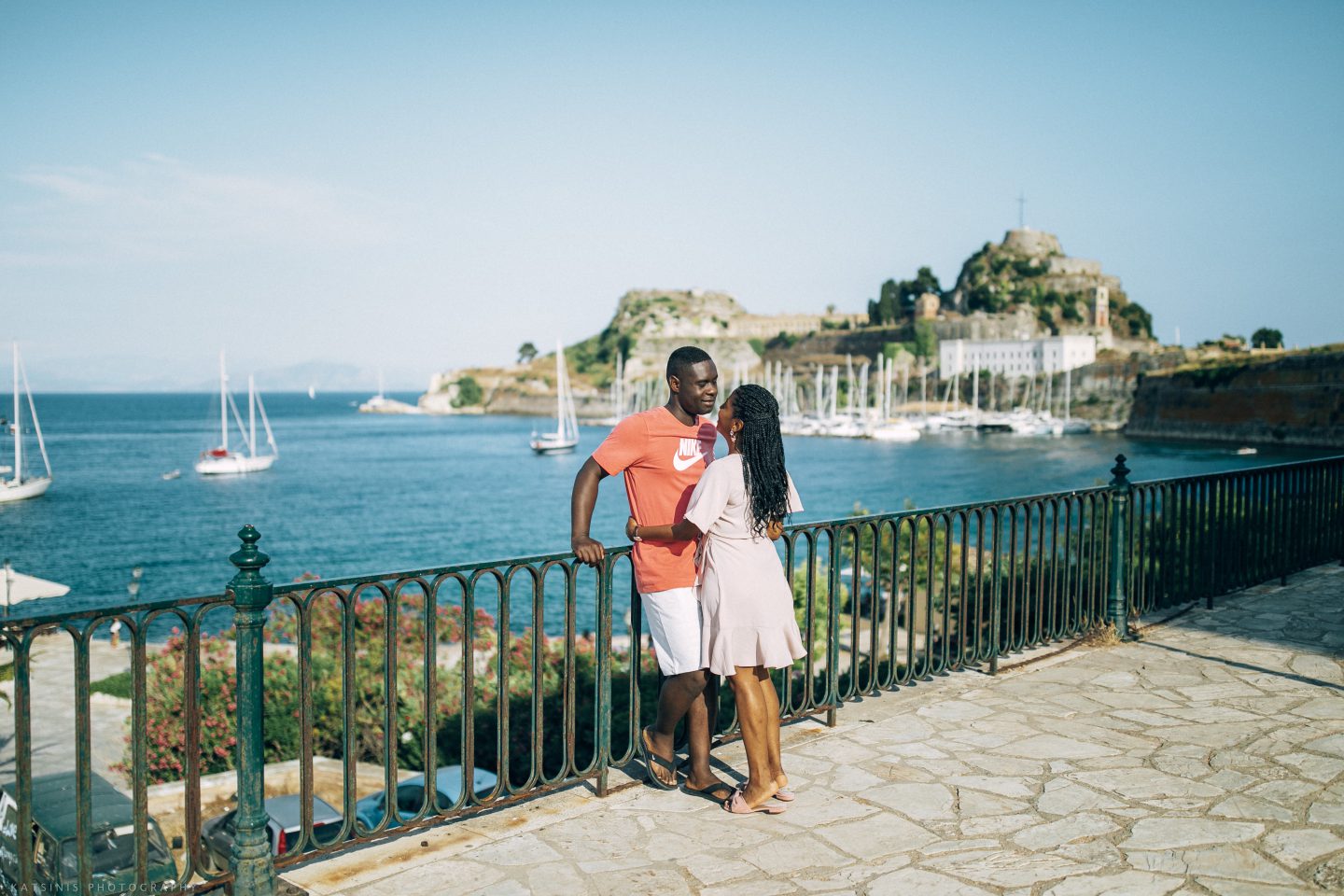 corfu, greece, married, wedding anniversary, sea vew, kerkyra, old town, black couple, standing, sunny, holiday, great view, marriage